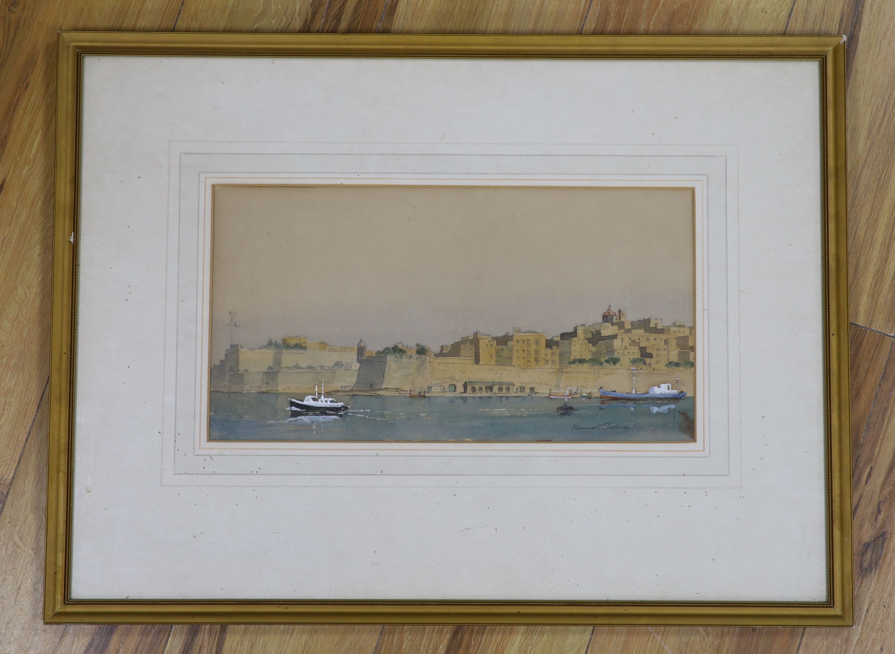 Kenneth Holmes (1906-1994), watercolour, HMS London visiting Malta 1979, signed, 20 x 39cm